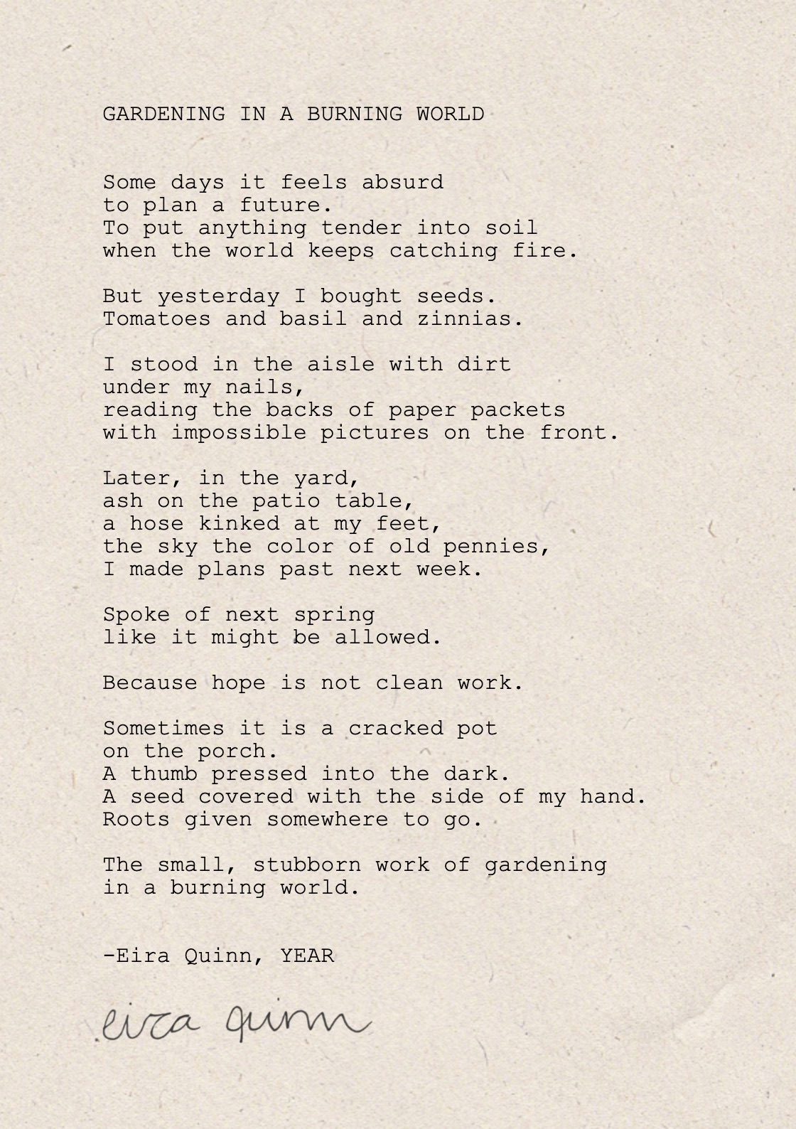 Mockup of "Gardening in a Burning World" hand-typed on A5 handmade paper